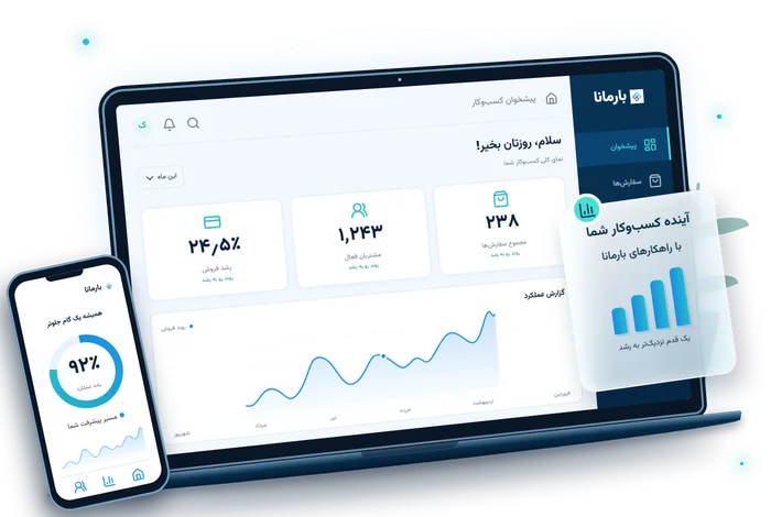 تصویرسازی مفهومی لپتاپ و موبایل با داشبورد فارسی؛ دادههای نمایشگر نمایشی هستند.